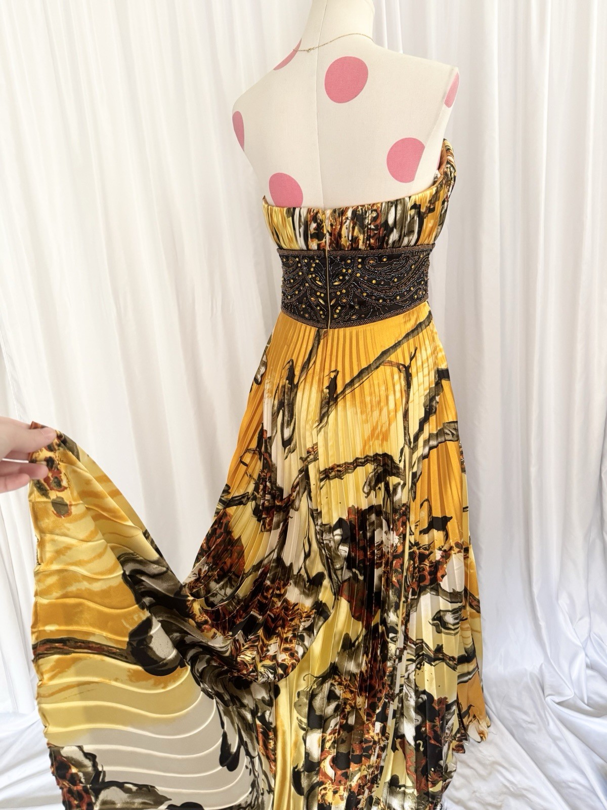 Vintage Yellow Leopard Floral Beaded Sequin Pleated Formal Gown Dress 14 Jovani