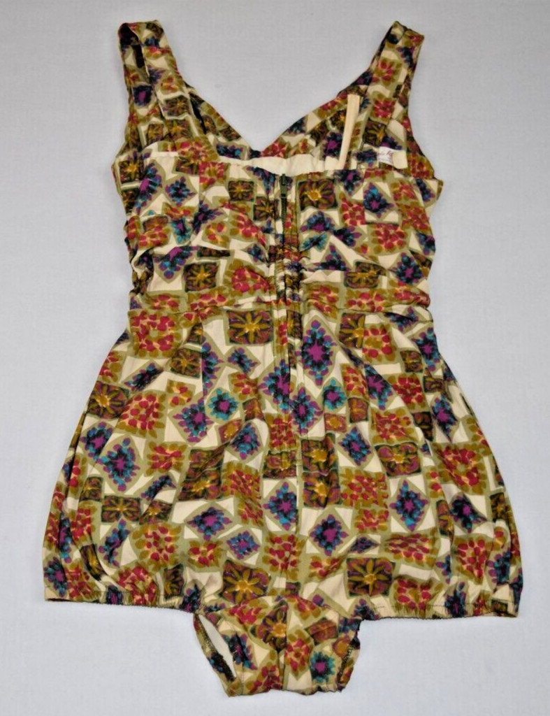 Vintage Swimsuit Rose Marie Reid Size 12/34 S/M 50s Ruched Geometric Made USA