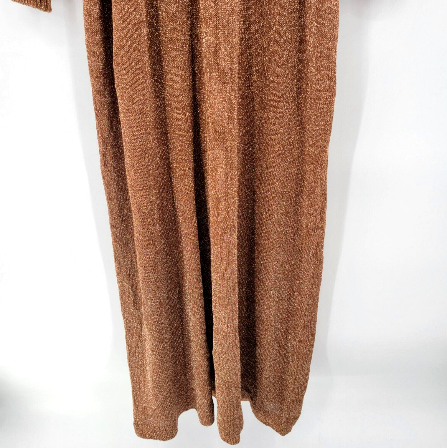 Vtg 70s Disco Wenjilli Sz 15/16 Copper Gold Metallic Knit Maxi Dress Cowl Gown