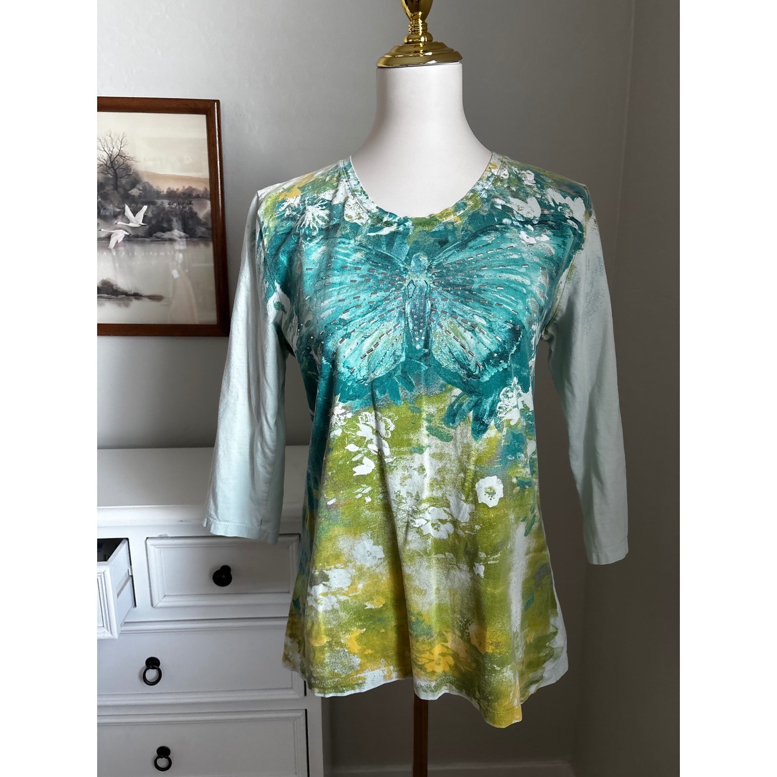 Vintage Style & Co Sport Butterfly Rhinestone Top Teal Green Y2K 3/4 Sleeve L