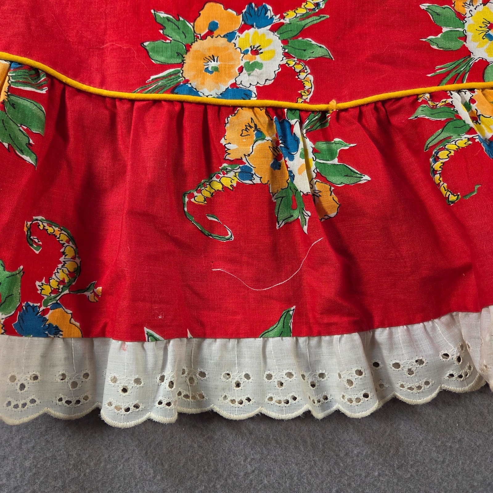 Vintage Floral Skirt Womens 28″ Red Maxi Flare Lace Trim A Line Dance 80s