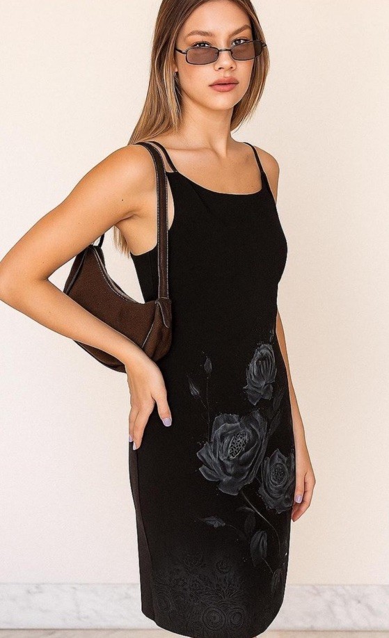 Vintage CDC Black Rose dress embellished square neck size 8 Y2K Grunge Goth