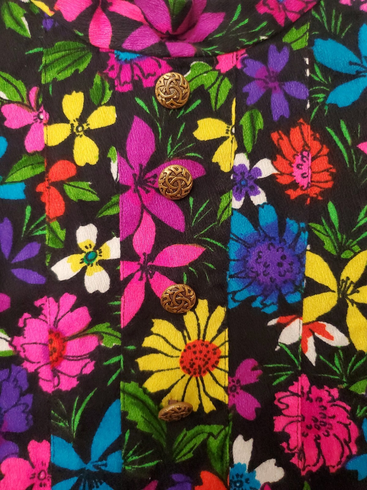 VTG 70s Maxi Dress Womens Short Sleeves Black Colorful Vibrant Floral Zipper