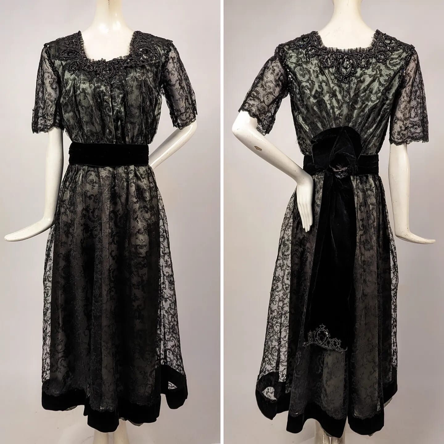 EDWARDIAN BLACK CHANTILLY LACE PARTY DRESS W SEQUINS + JET BEADS