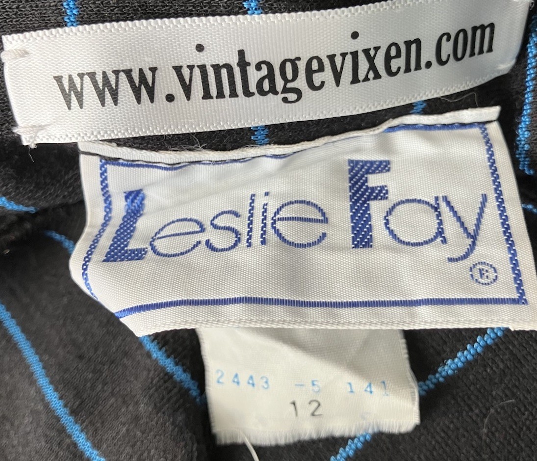 Vintage 70s Leslie Fay New Wave Black/Blue Chevron Pinstripe Sweater Dress S/M