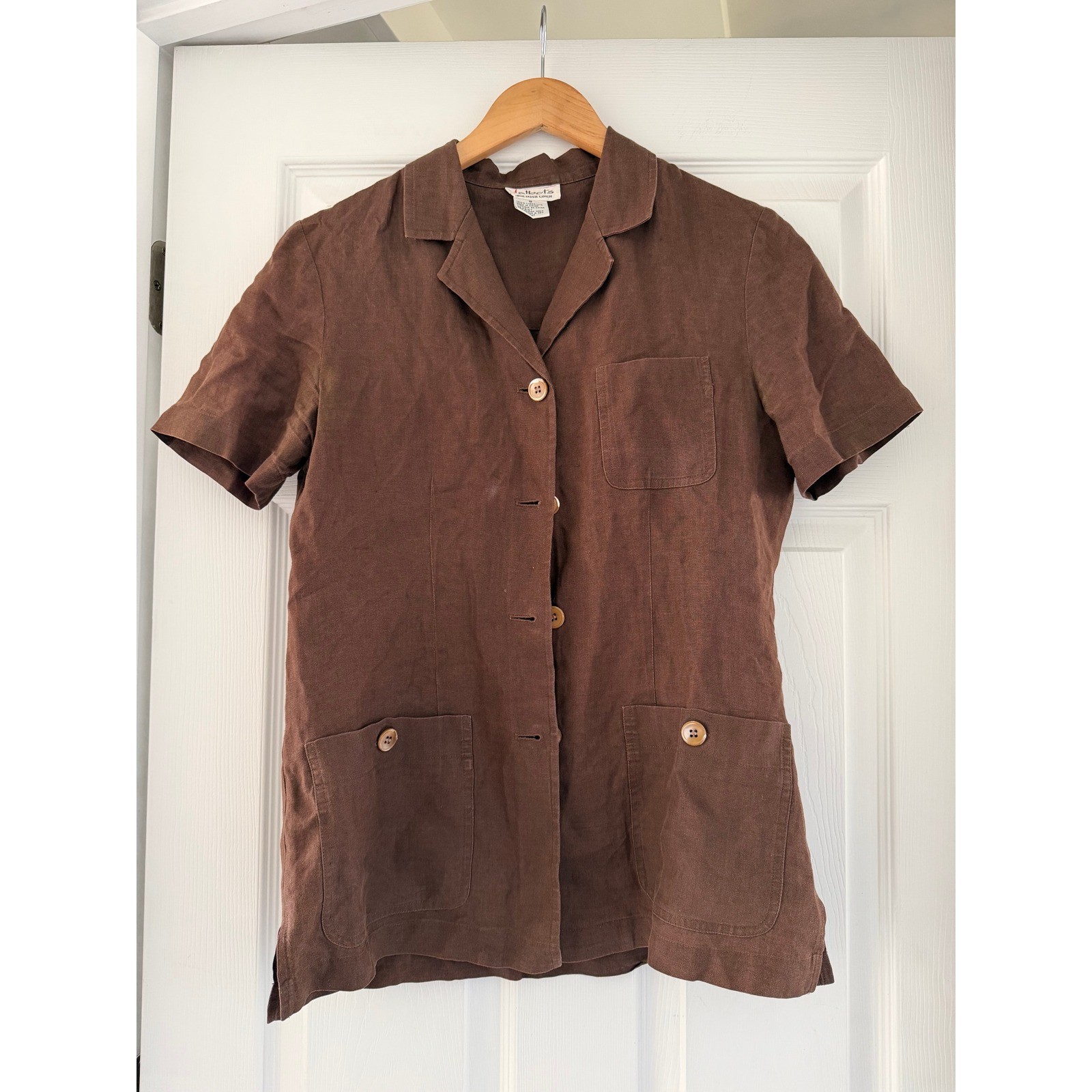 Talbots Vintage Irish Linen Brown Button Down Short Sleeve Top