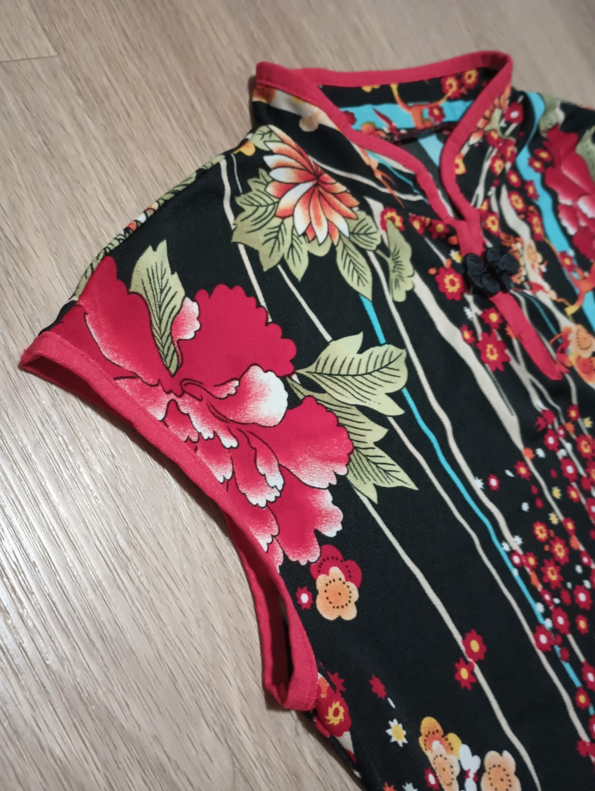Vtg 90s Asian Art Artsy Painting Inspired Floral Mandarin Collar Stretchy Top XS