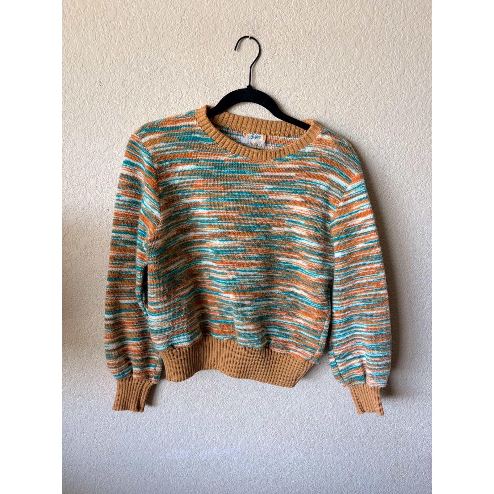 Vintage Fashion Womens Space Dye Knit XS Sweater Tan Teal Crew Neck Ribbed Trim