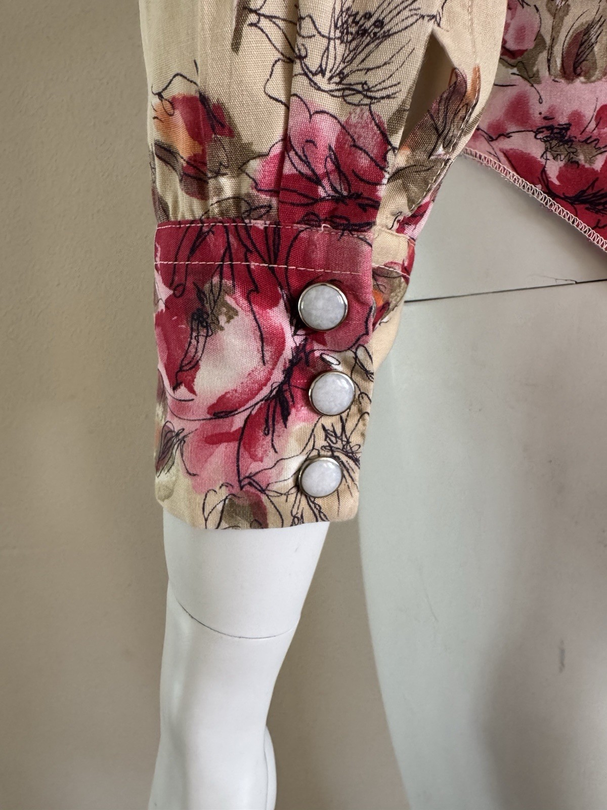 H Bar C Western Pearl Snap Ruffle Blouse Floral Rockabilly Shirt USA S Vintage