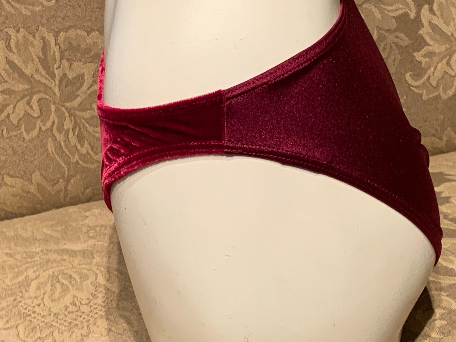 VINTAGE BURGUNDY RED VELVET SHIMMERY SATIN BACK HI-CUT BRIEF PANTIES ~ MEDIUM