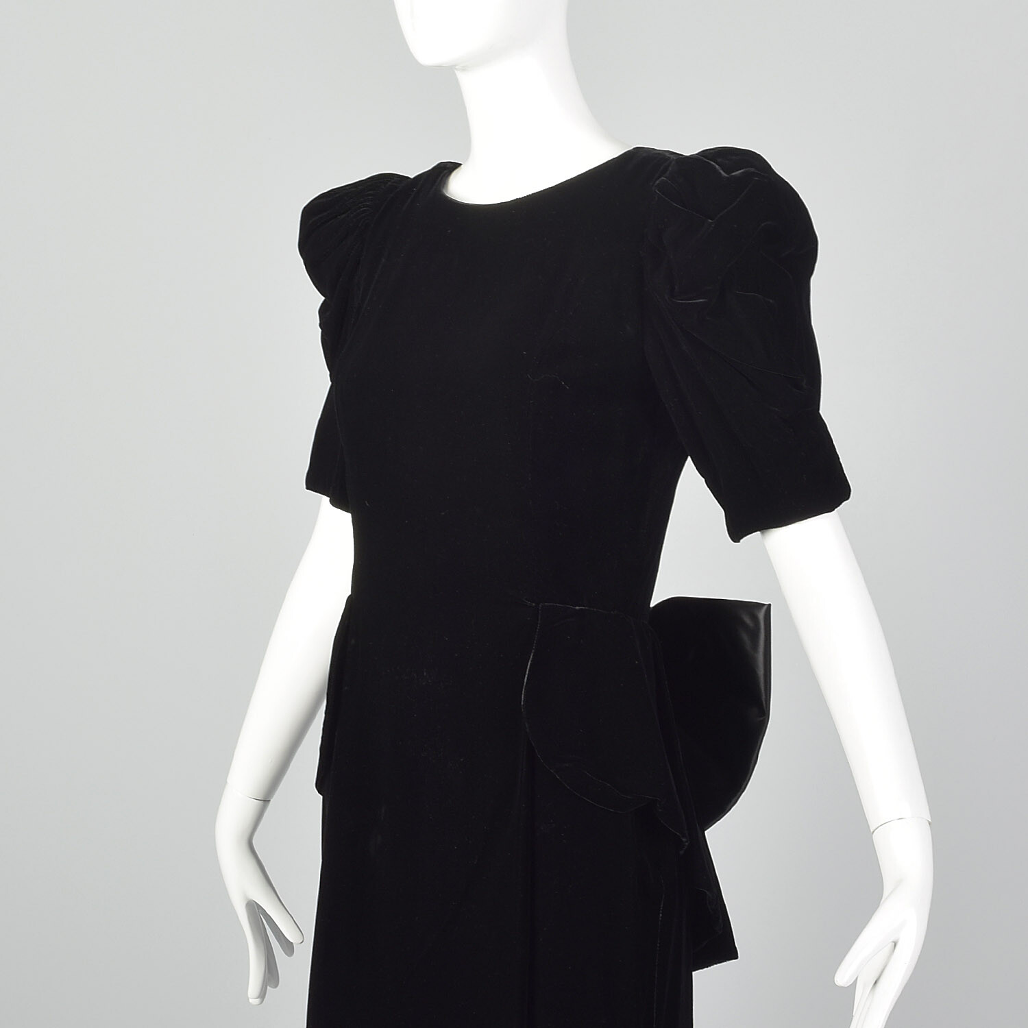 XS 1980s Black Velvet Peplum Dress 80s Does 40s Vintage Puff Sleeve Bow VTG Glam