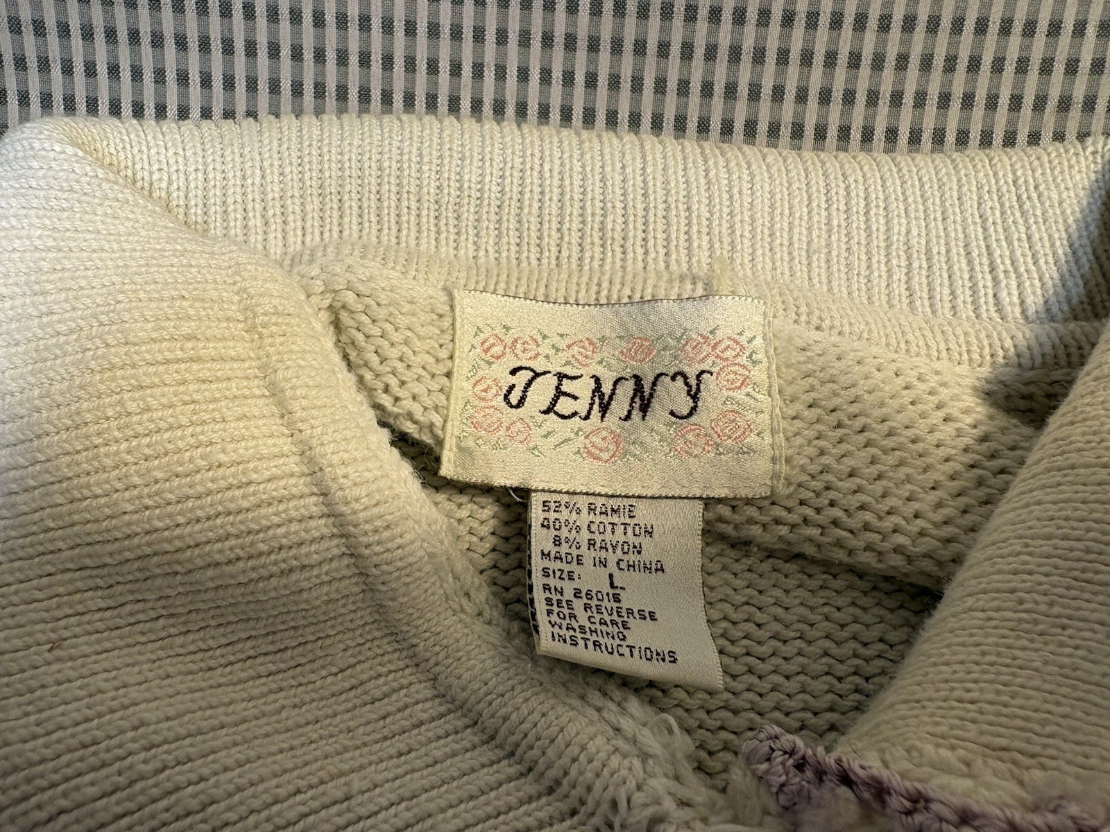 Vintage 90s Jenny White Knit Cardigan Purple Floral Embroid Grannycore Women’s L