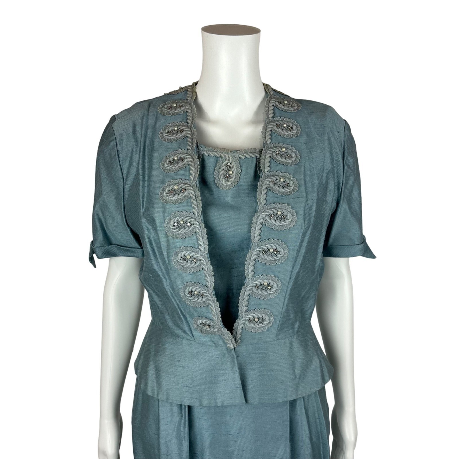 Vintage 1950s Dress Set Women’s Small Faux Silk Blue Cocktail Outfit Ann Kauffma