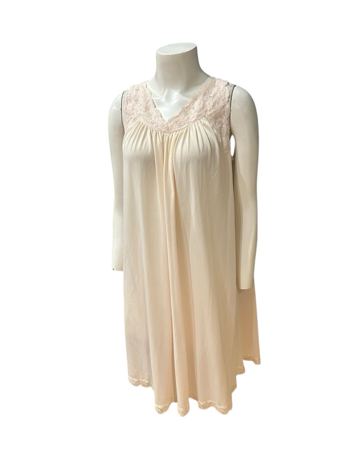 Vintage 1960s Blush Pink Nylon Nightgown Lace Floral Embroidery Sleeveless SM