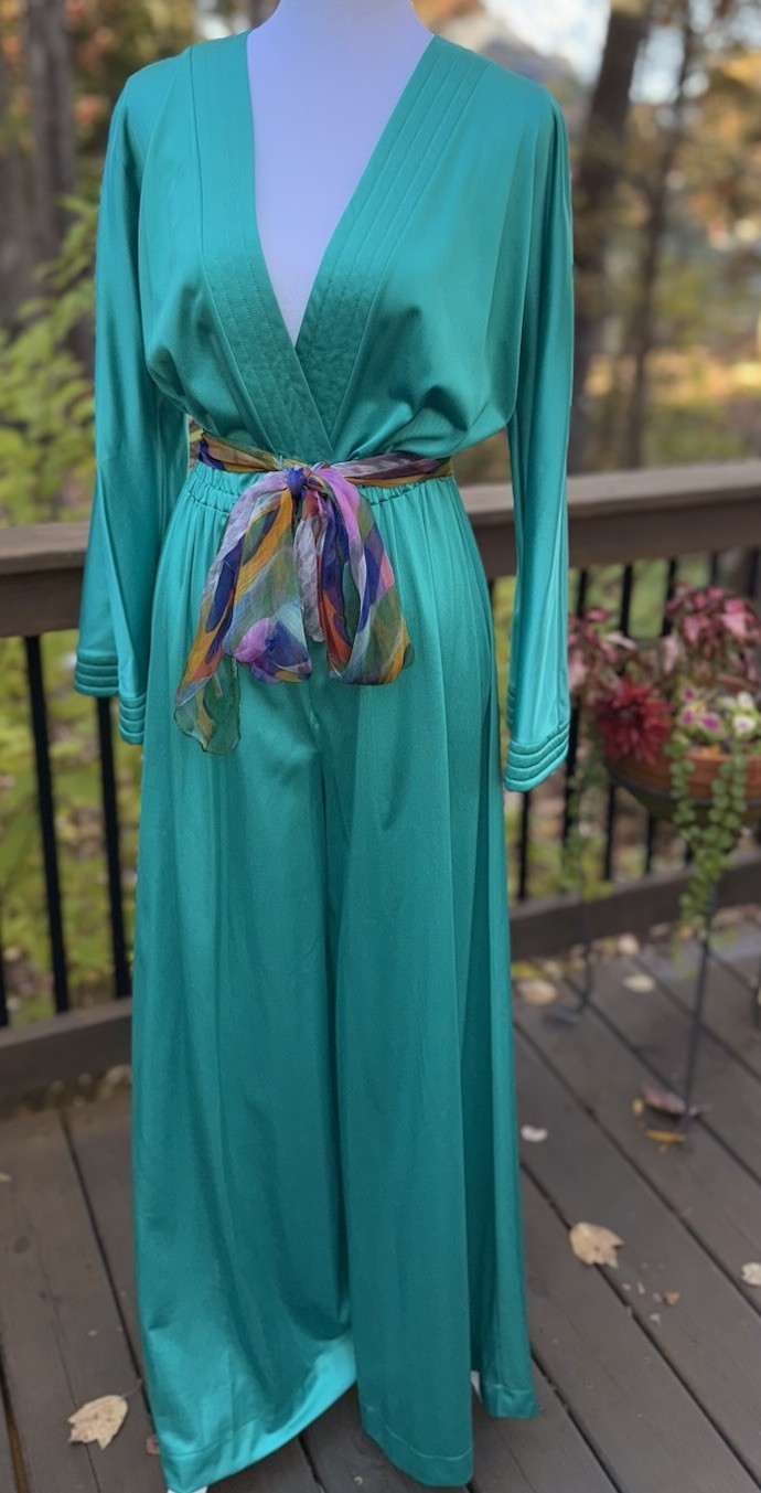 Vtg VANITY FAIR Palazzo Pants Jumpsuit 12 Green Hostess Wide Leg 60s 70s Nylon L