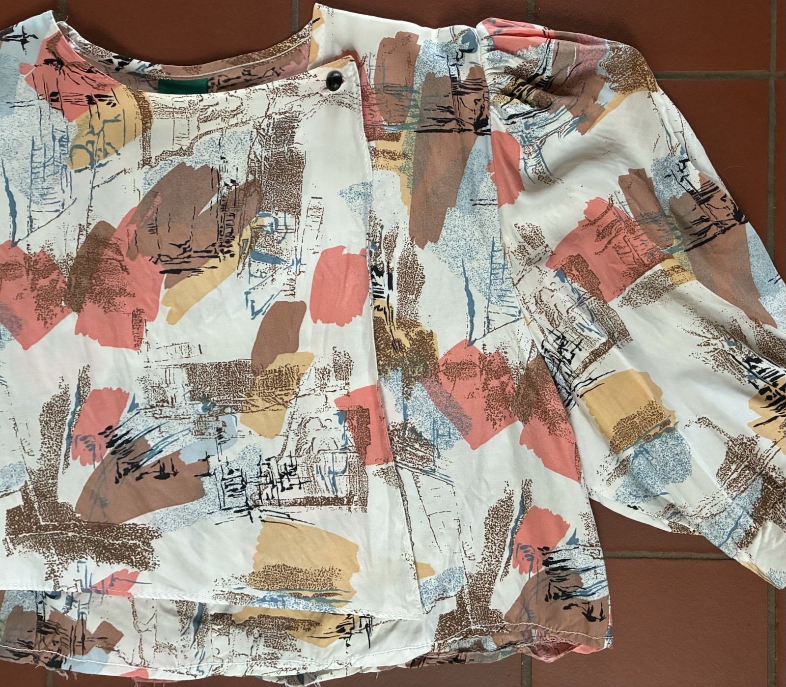 Vintage 80s Abstract Crop Top Puff Sleeve Made in West Germany size Large