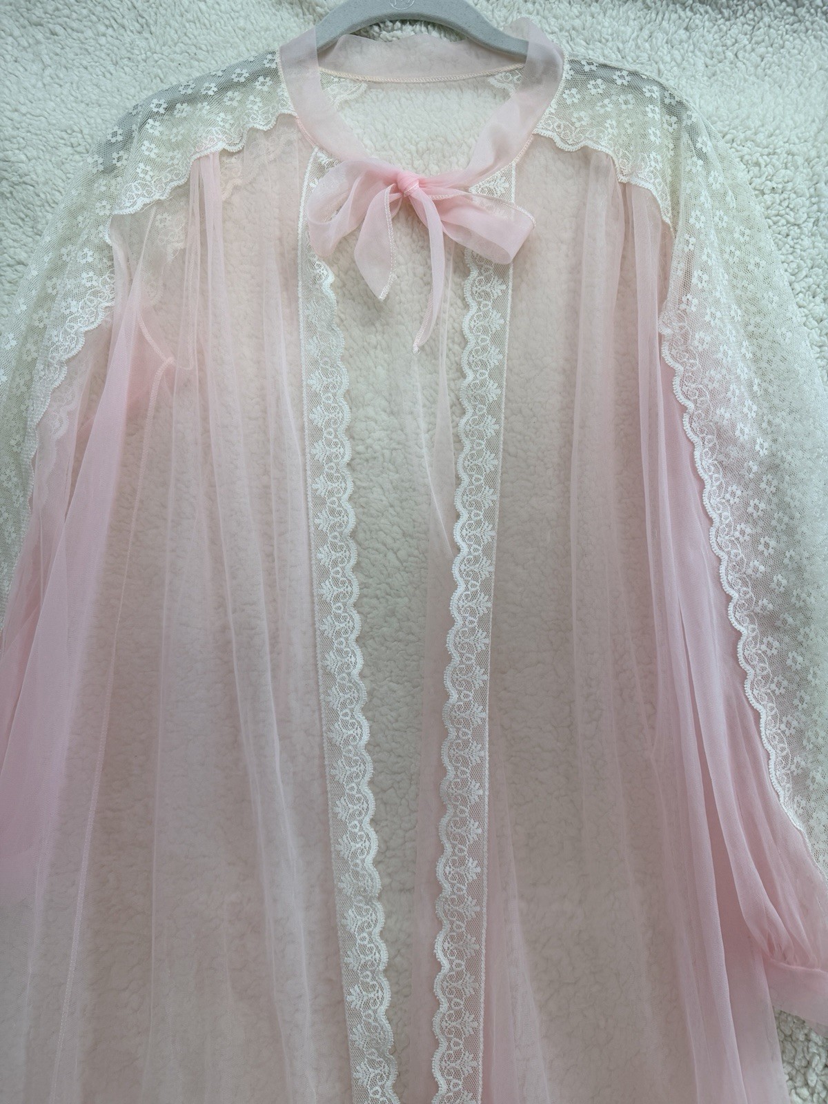 Vintage Pink Sheer Nylon Peignoir Robe Lace Trim Bridal Lingerie Medium M