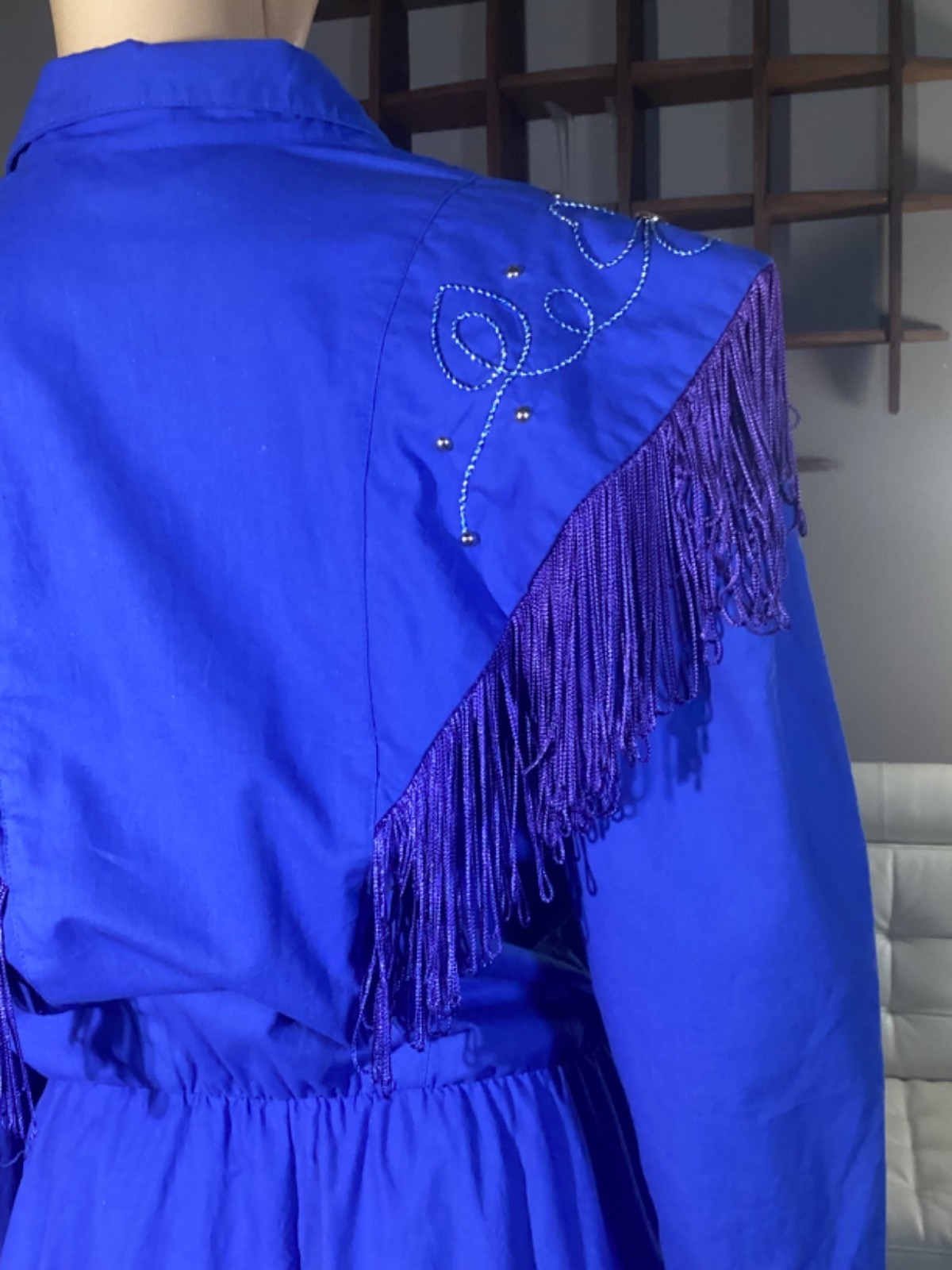 Vintage Lilia Smitty Women’s Western Cowgirl Blue Fringe Studded Applique Dress