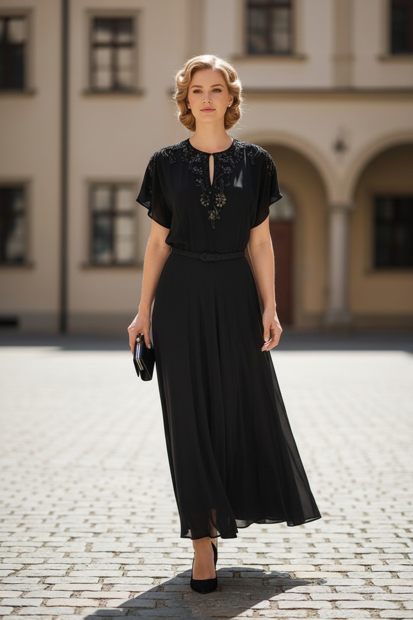 Vtg 40s DuBarry Black Rayon Crepe Beaded Evening Maxi Dress W28-29″
