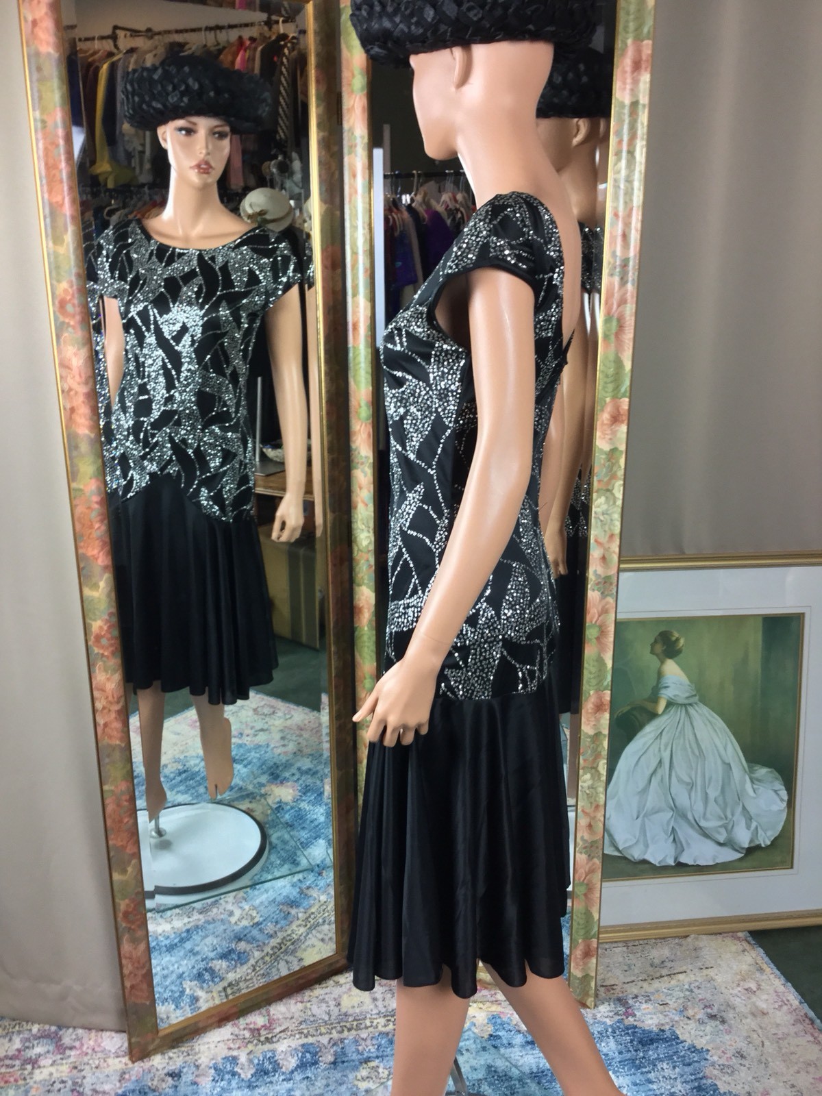 VTG Jodi Lauren Black Drop Waist Low Back Glittered Flapper Style Dress Sz 7/8