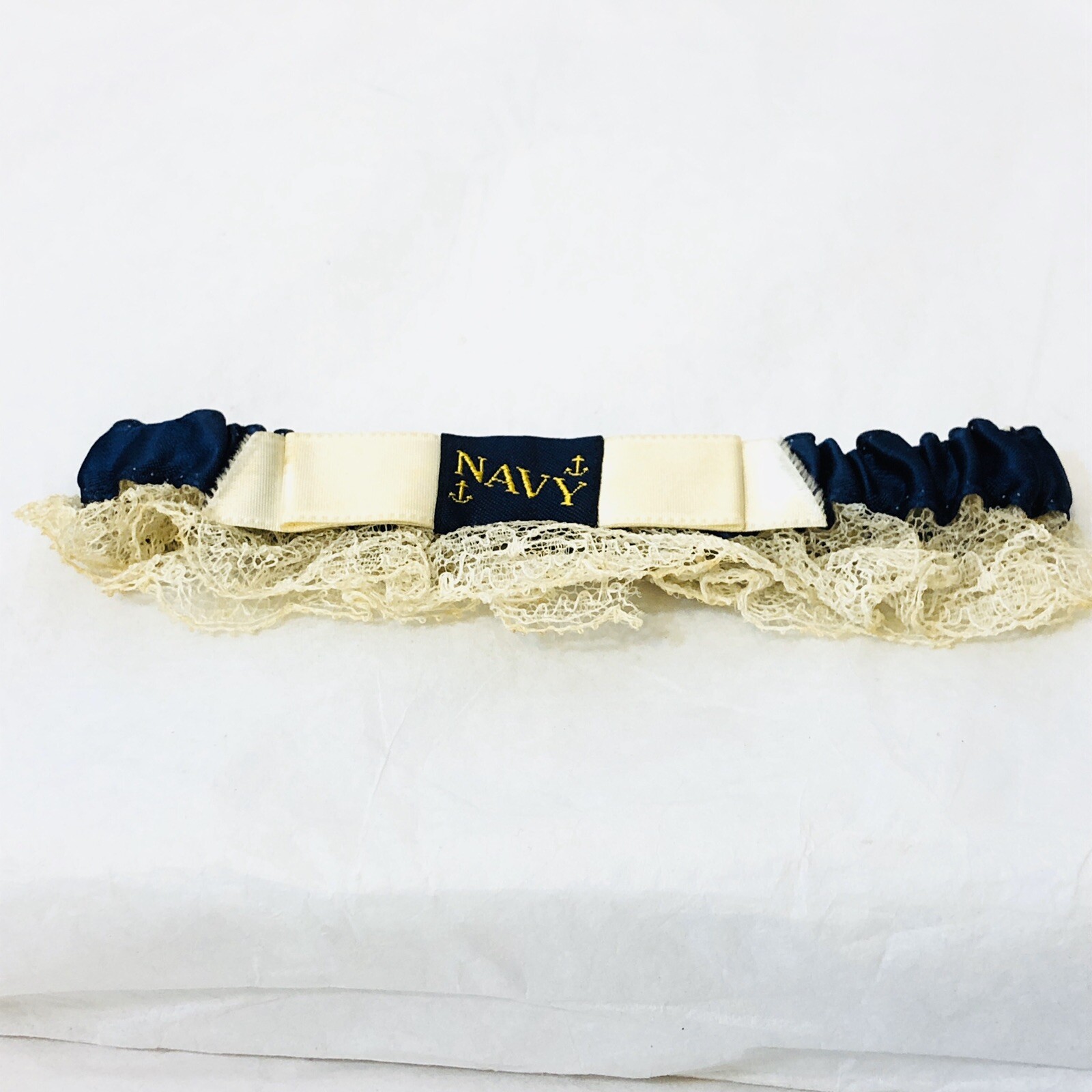 Vintage 1950s US Navy Wedding Garter Blue with Gold Anchors and Lace