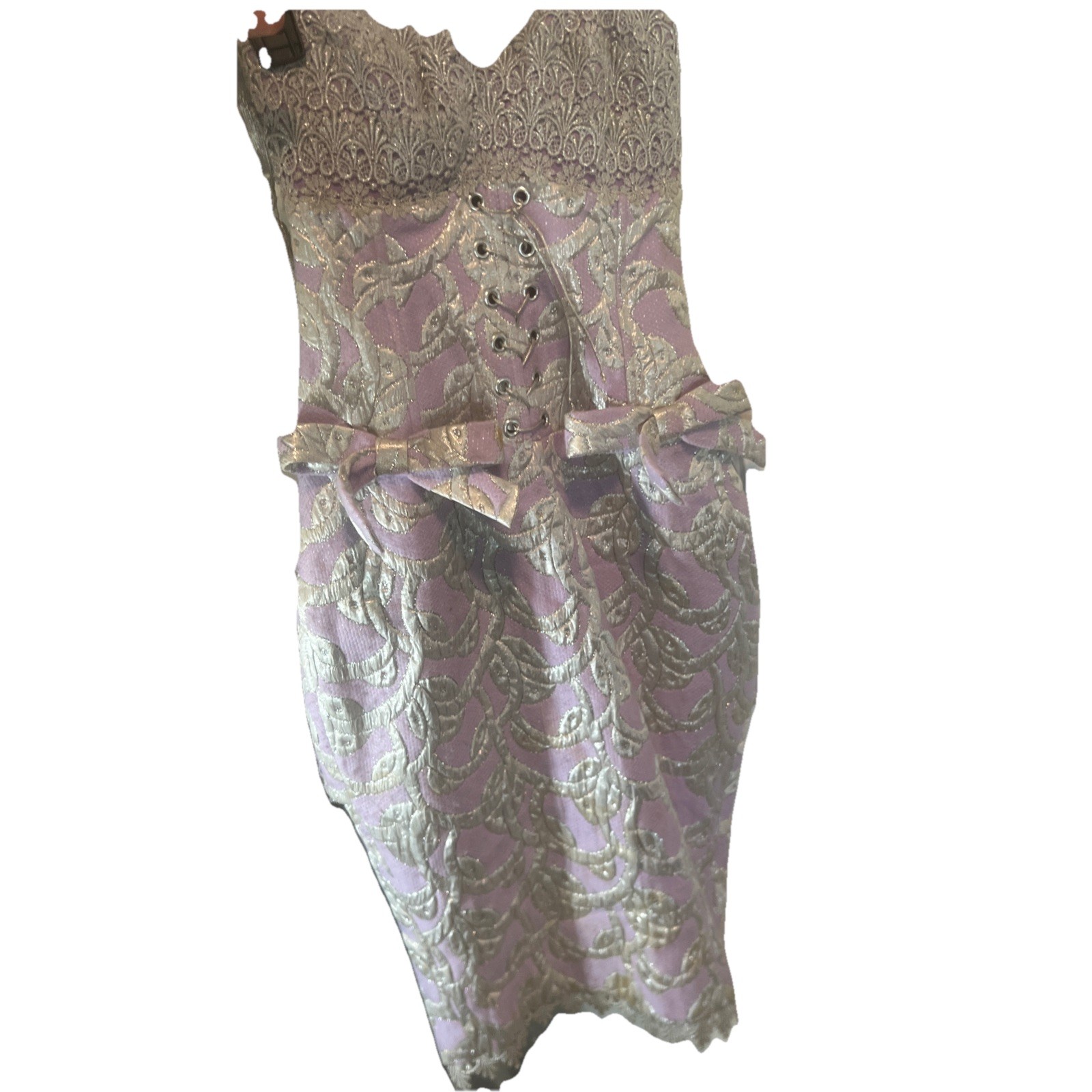 80s Lavender & Silver Brocade Corset Dress Lace Up Back Peplum Bows Detailed