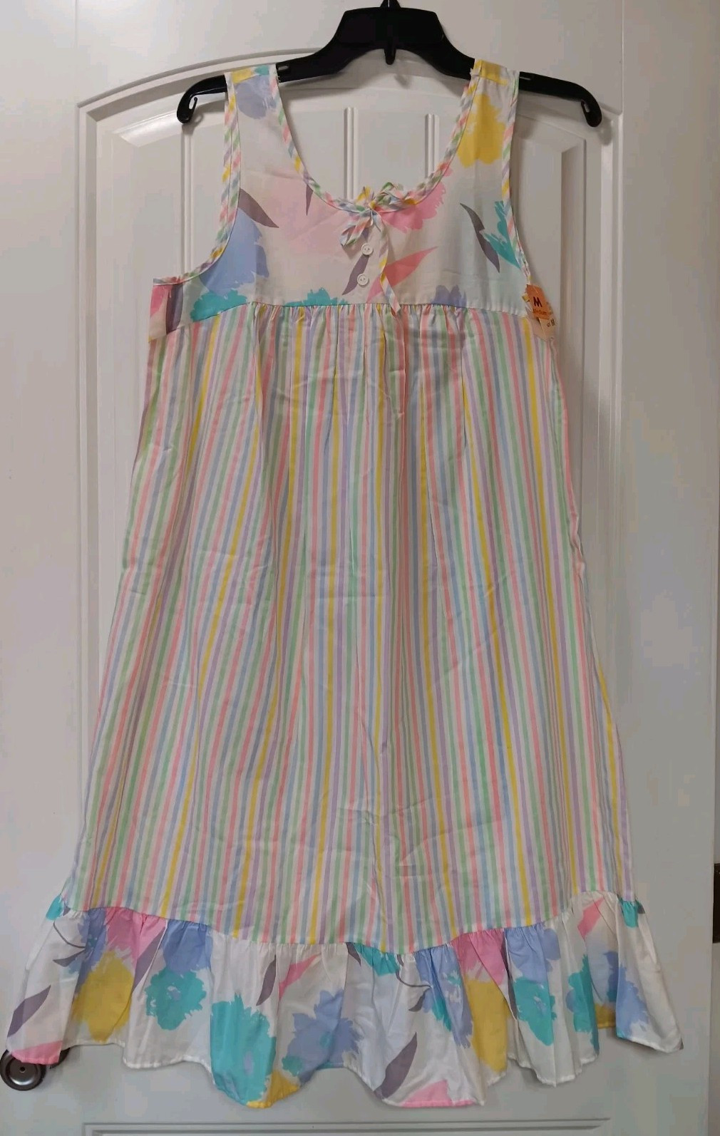Vtg NWT Texsheen Nightgown Pastels Striped Floral Med Hong Kong Cottagecore