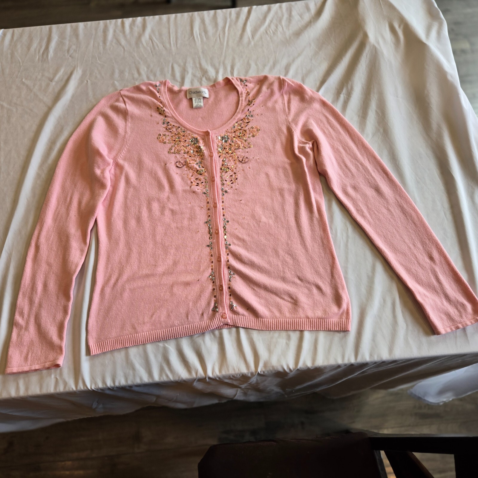 Vtg Chadwick’s Hong Kong Beaded Embellished Pink Cardigan Sweater Sz Large READ