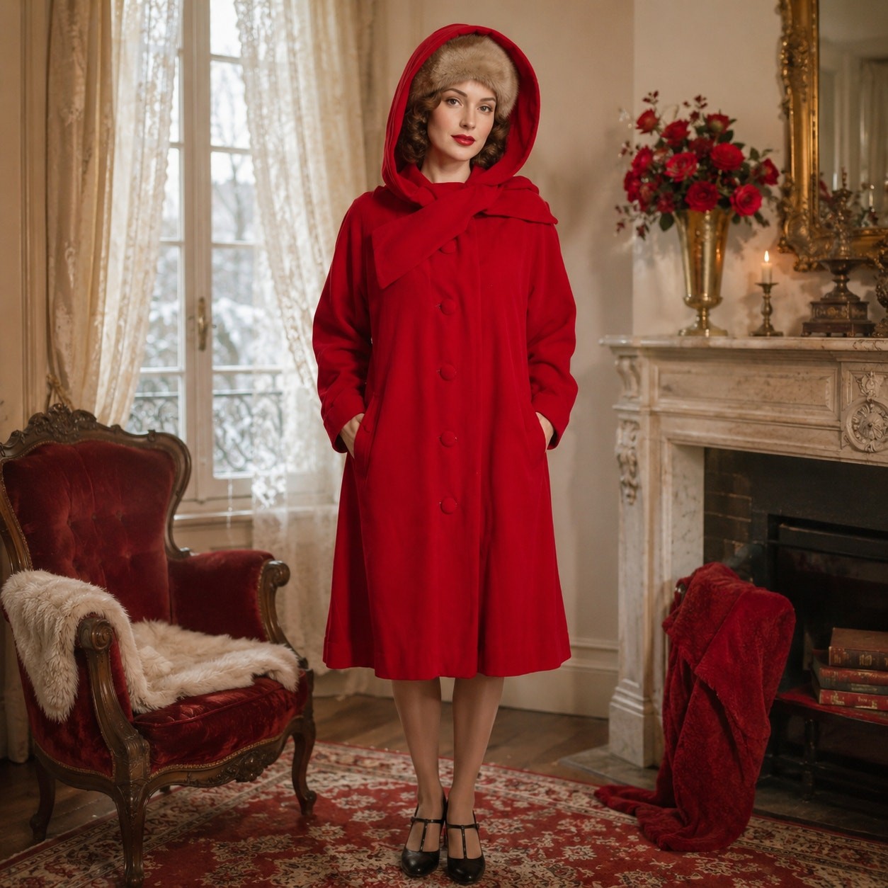 60s Vintage Snooty Fox Boston Cherry Red Hooded Velvet Overcoat – M