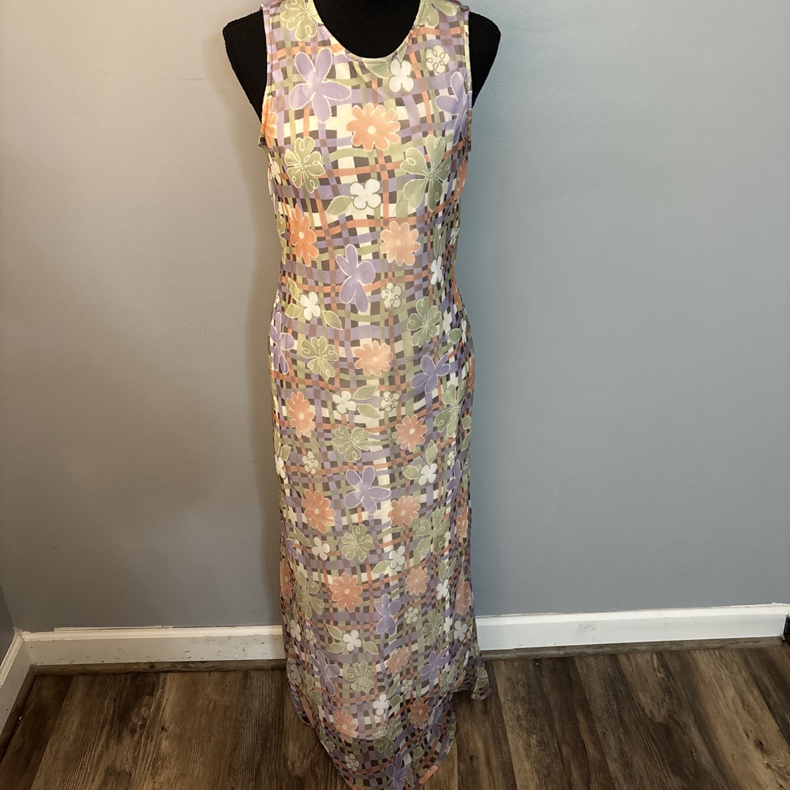 Vintage 90’s Sheer Pastel Floral Sleeveless Maxi Dress Retro Phoebe Sz 13/14