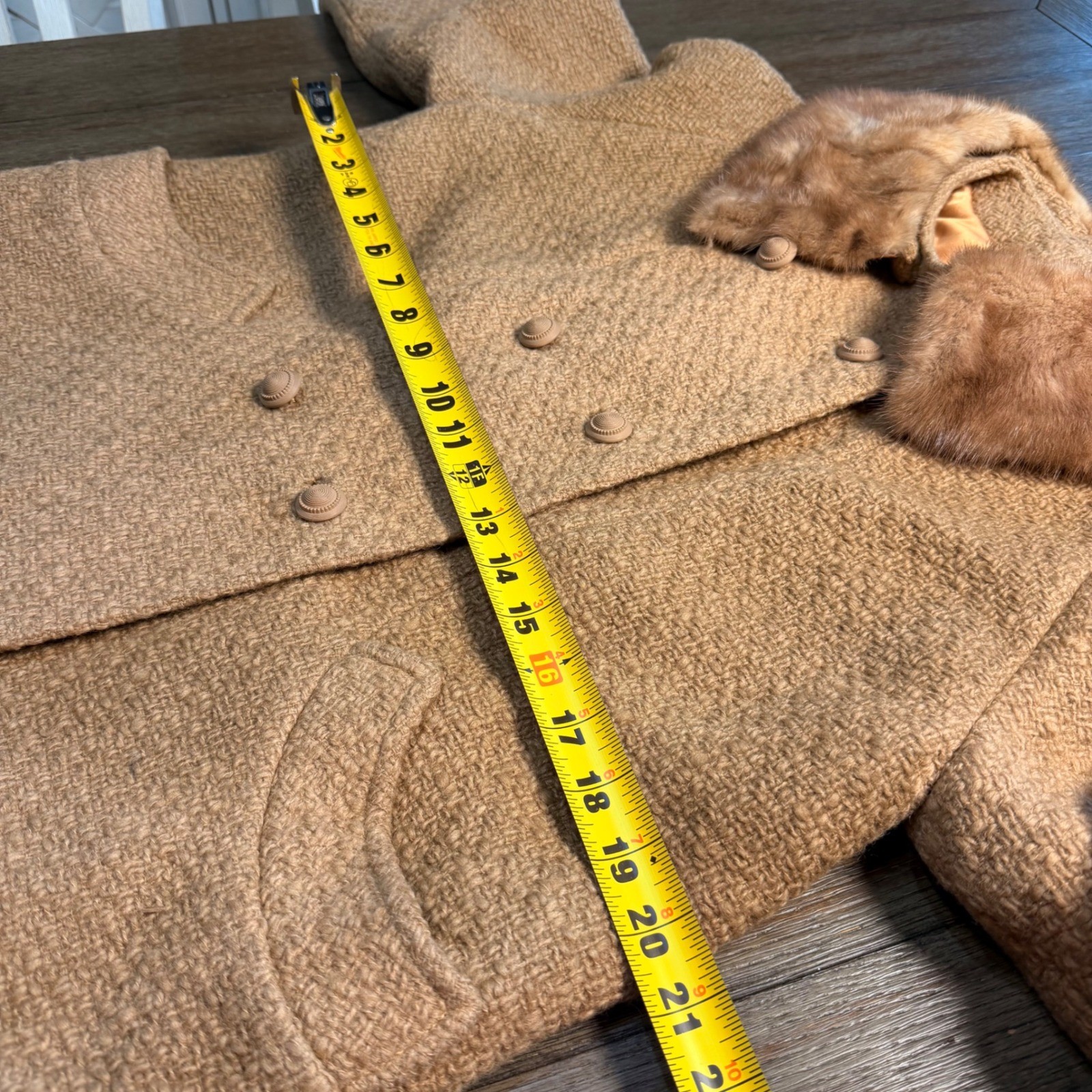 Circa 50s VTG Mid-Century Wool Bouclé Silk Lined Honey Mink Collar Winter Coat