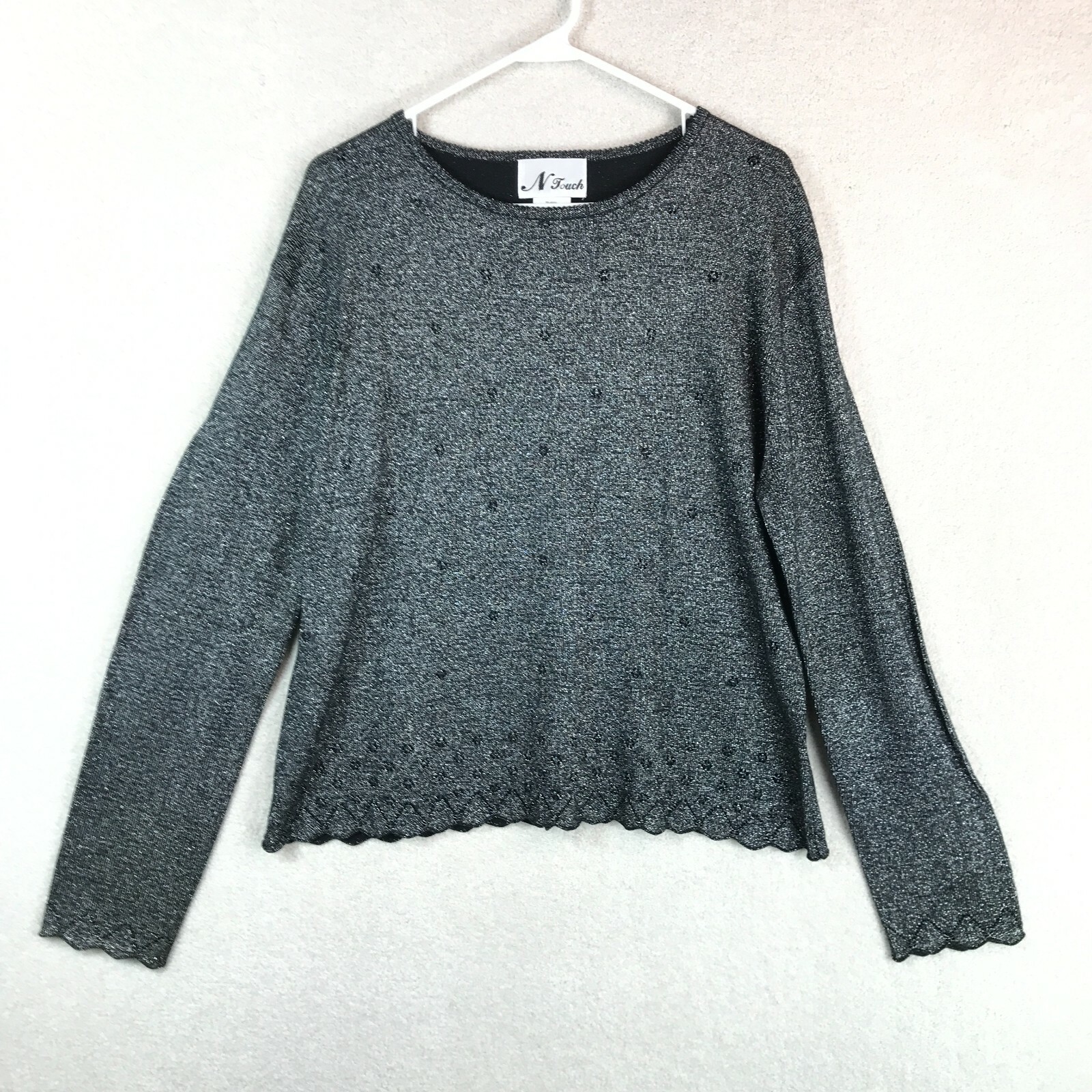 Vintage Sweater Womens XL Black Silver Shimmery N Touch New Old Stock Preppy 90s
