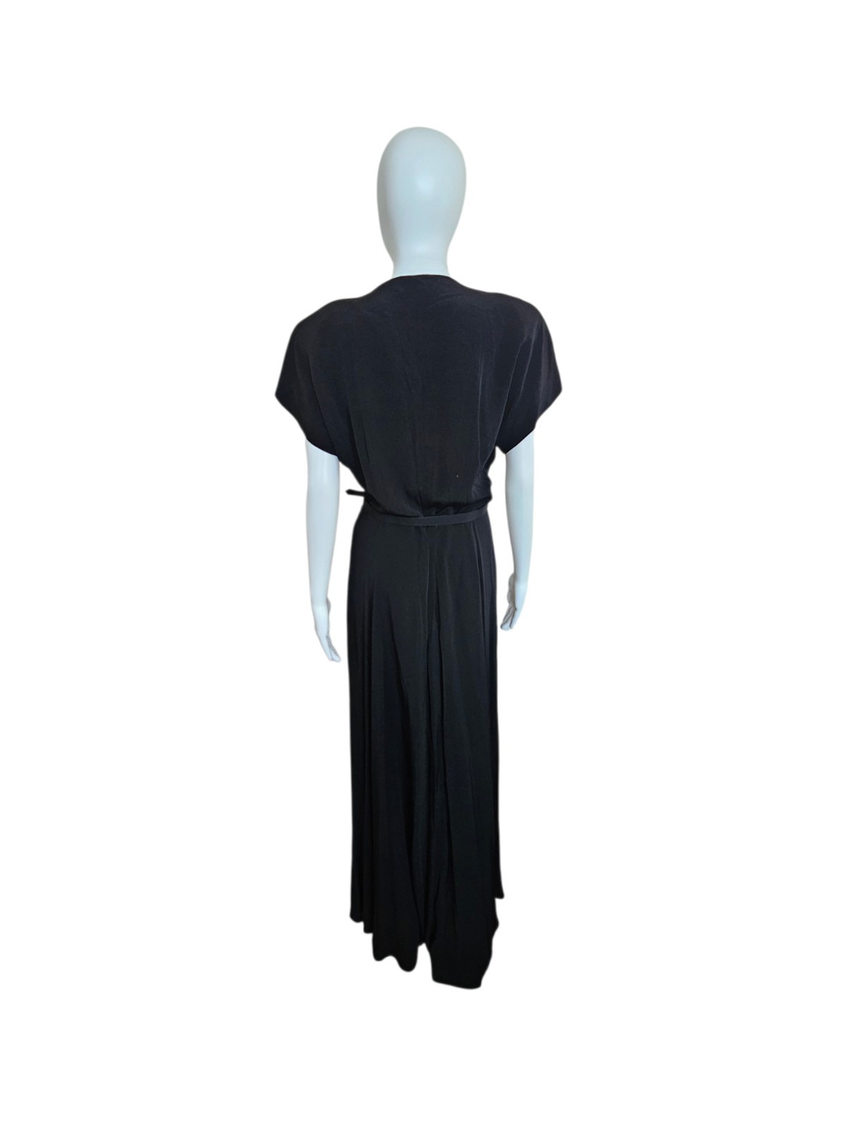 Vtg 40s DuBarry Black Rayon Crepe Beaded Evening Maxi Dress W28-29″