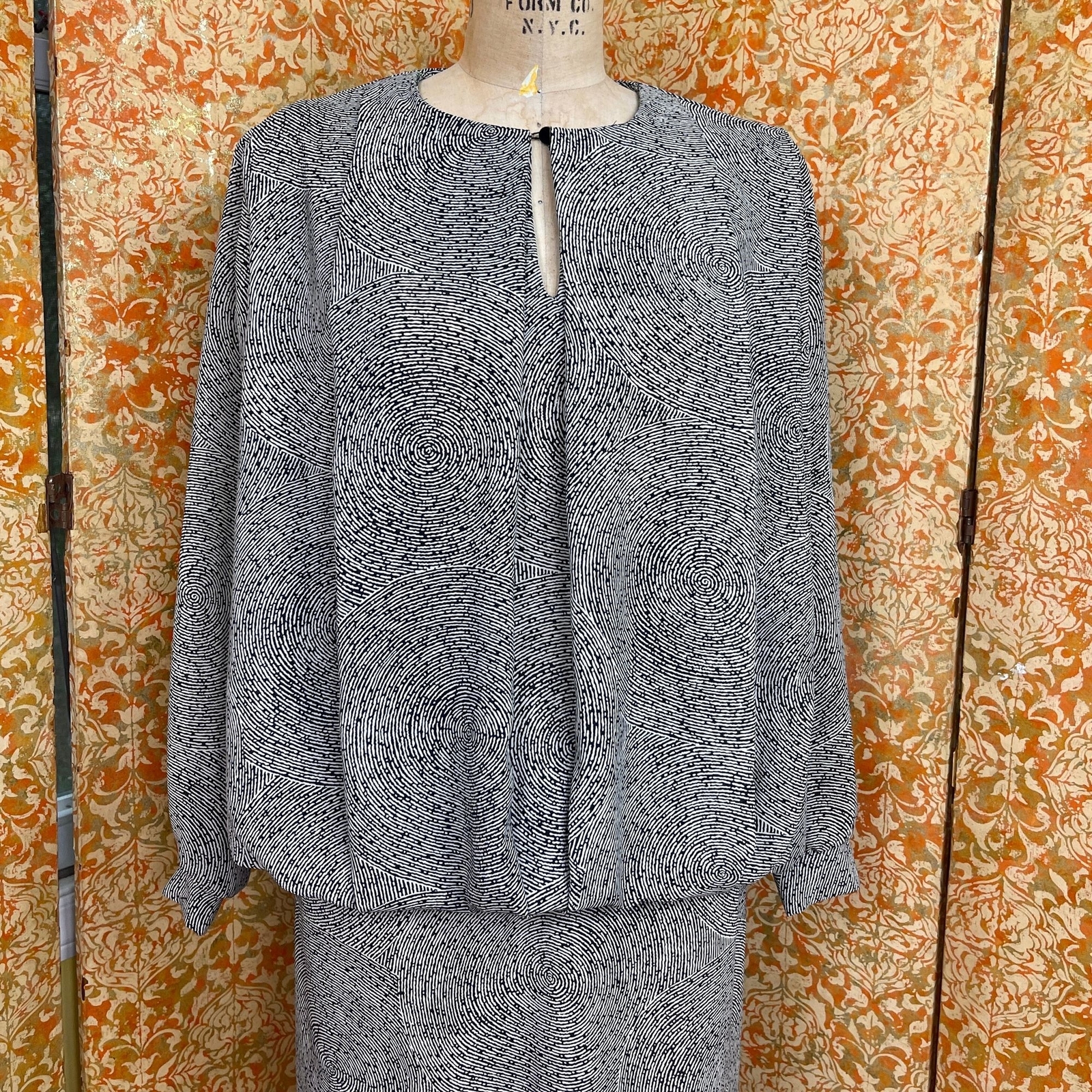 80s B&W Finingerprint Drop Waist Dress S Dawn Joy