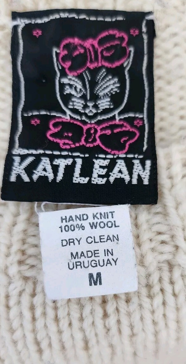 Vtg 80’s Katlean Chunky Handknit Teddy Bear Graphic 100% Wool Ivory Sweater! M