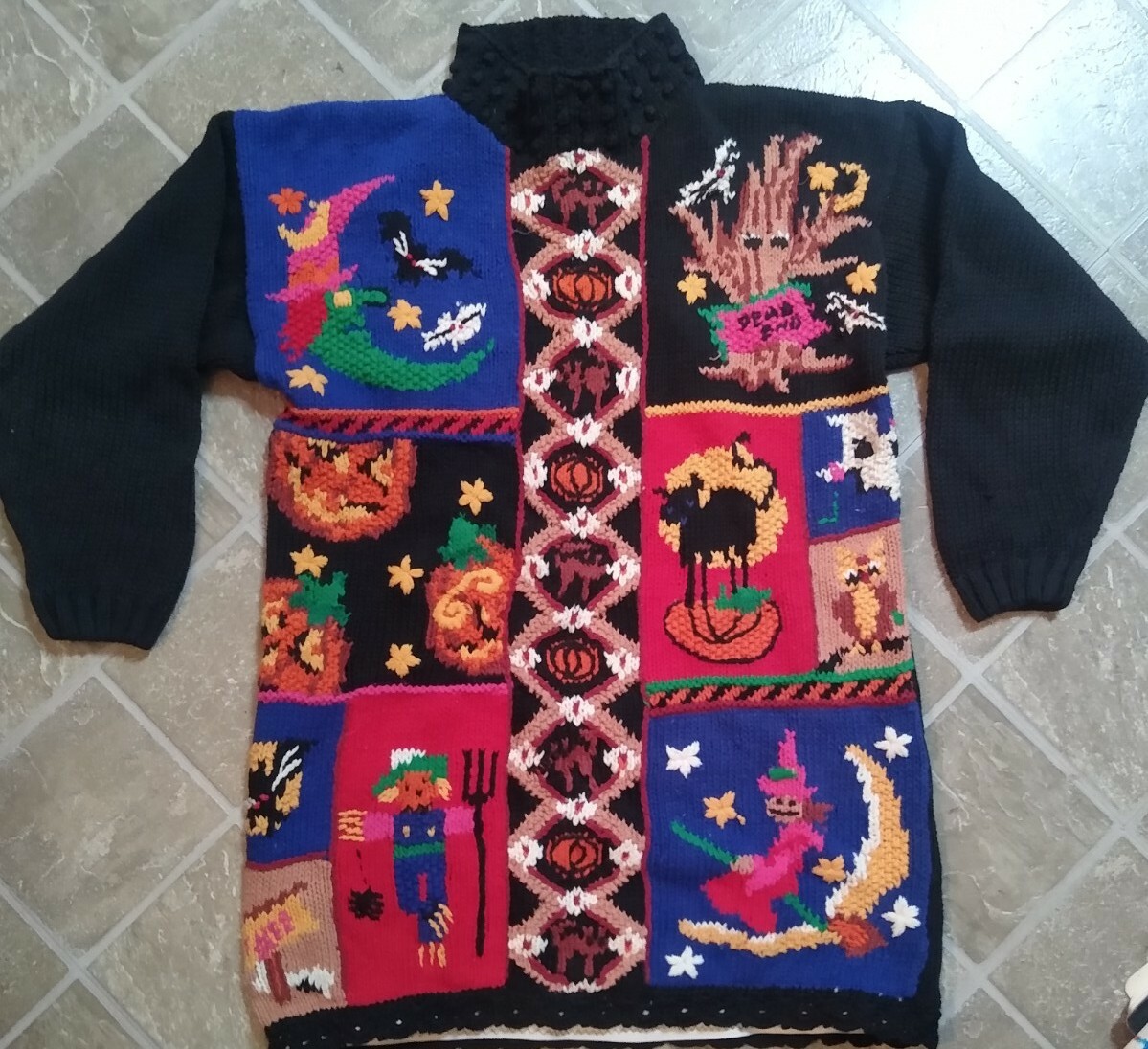 Vintage Beldoch Popper Halloween Fall Harvest Sweater ~ Pumpkin Witch Black Cat