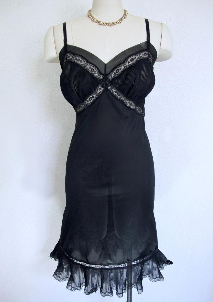 Vintage Youth Form Black Nylon Opaque Full Slip 36 Chiffon Crystal Pleats Ruffle