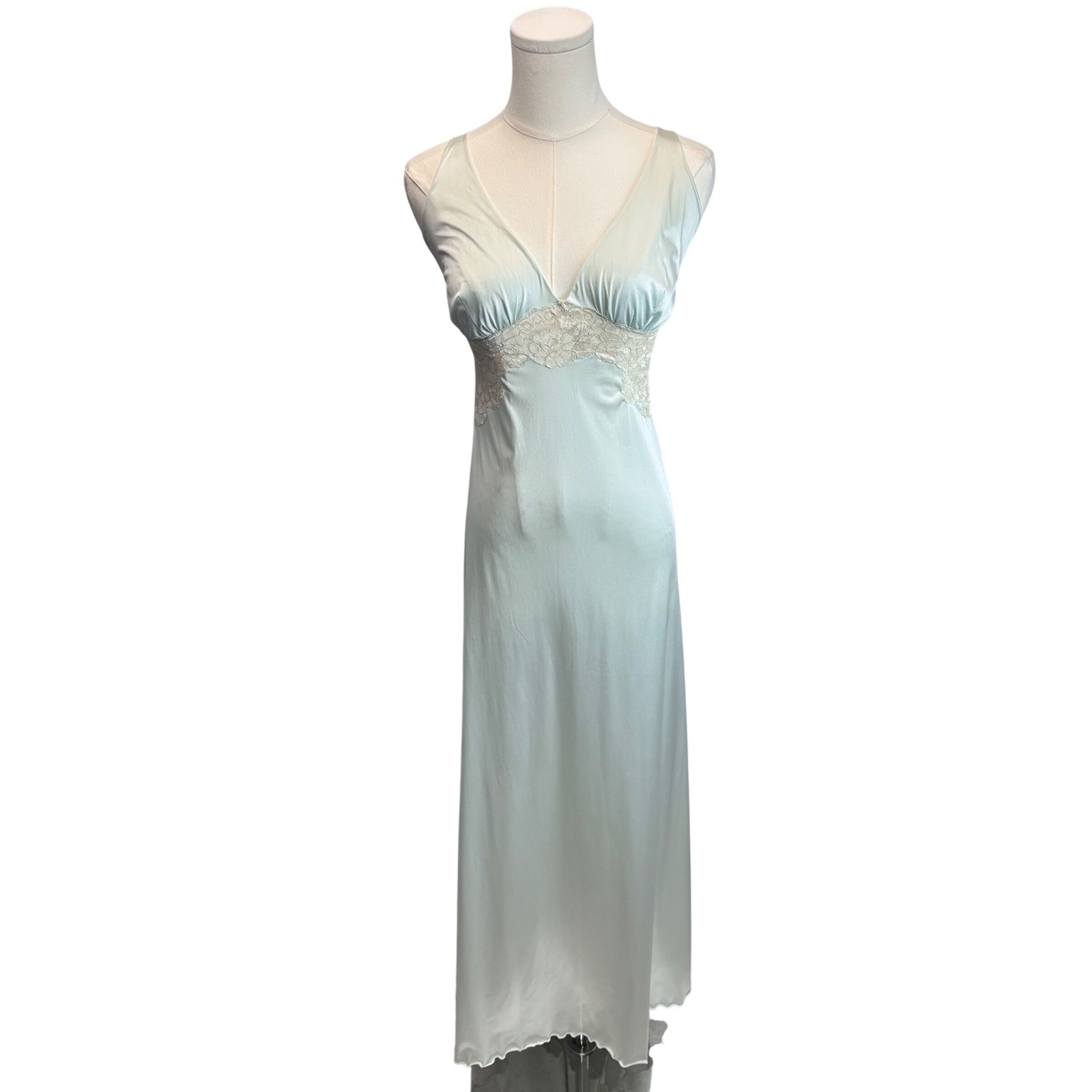 VTG Vanity Fair Maxi Nightgown 38 Aqua Blue Lace Coquette Hollywood Glam M – L