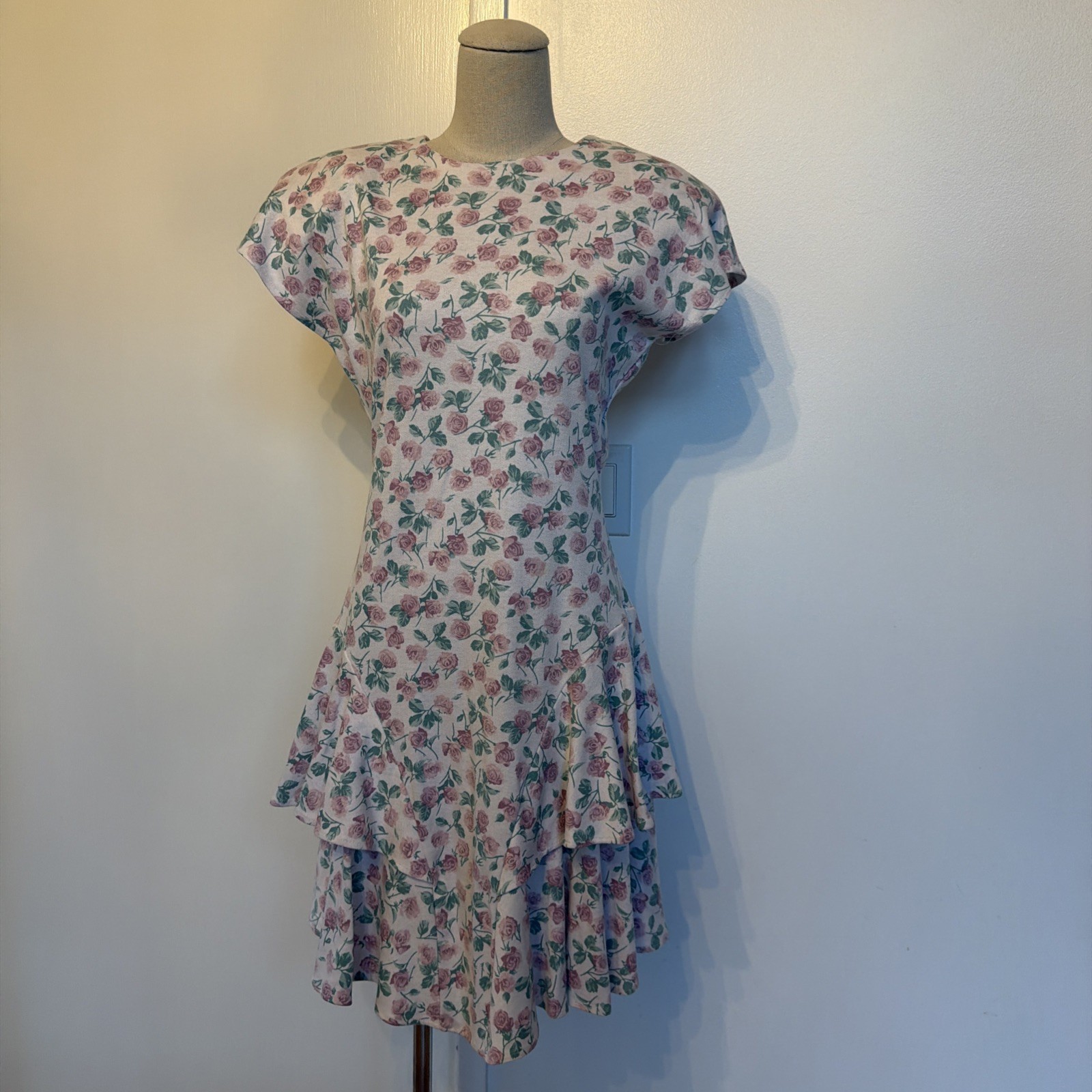 Vtg Rampage Dress 80s Tiered Ruffles Roses Floral Shoulder Pads