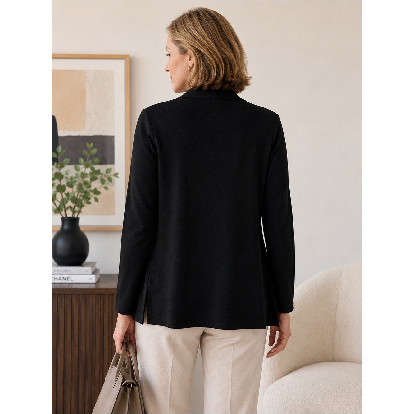 Misook Open Front Knit Cardigan Jacket Pointed Collar Patch Pockets Career