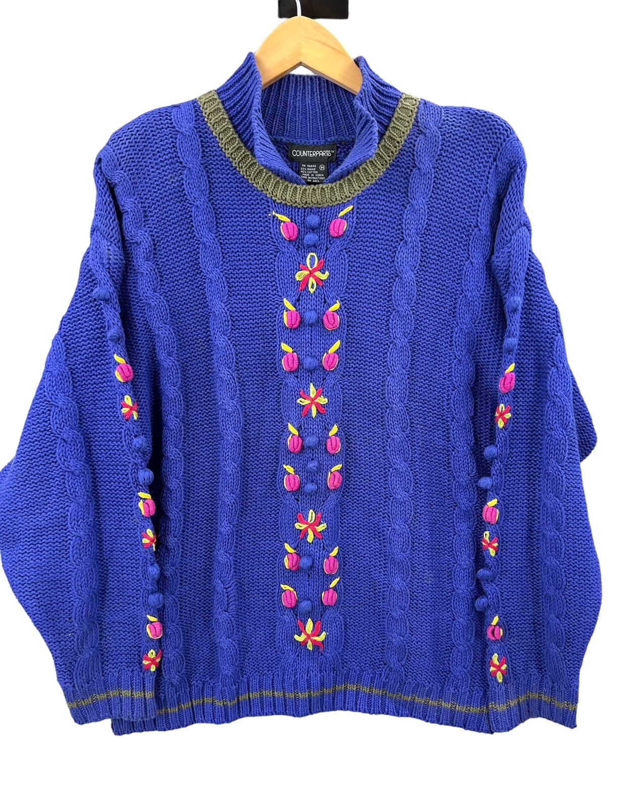 Vintage Counterparts Sweater Cable Knit Floral Pom Blue Women’s Size Medium 80’s