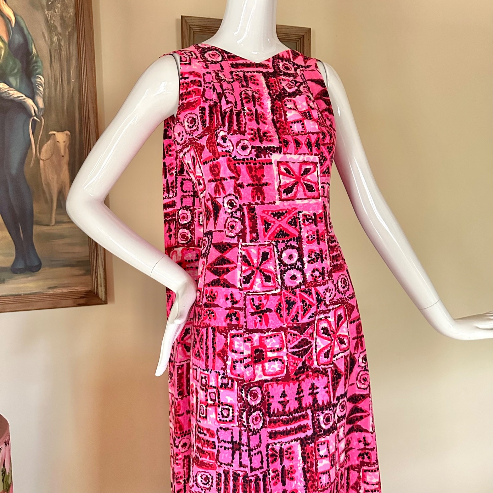 VTG 1960s Pink Hawaiian Tapa Print Watteau Dress Polynesian Tiki Barkcloth S