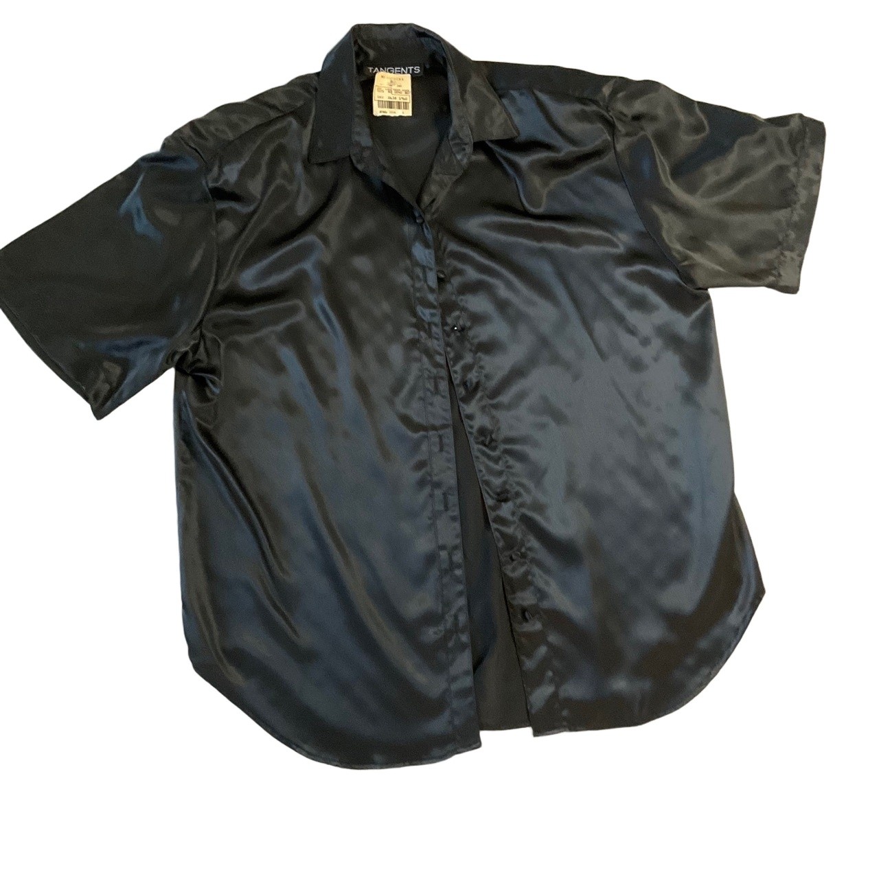 NWT Tangents Black Satin Dressy Silky Collared Short Sleeve Blouse Shirt Size 10