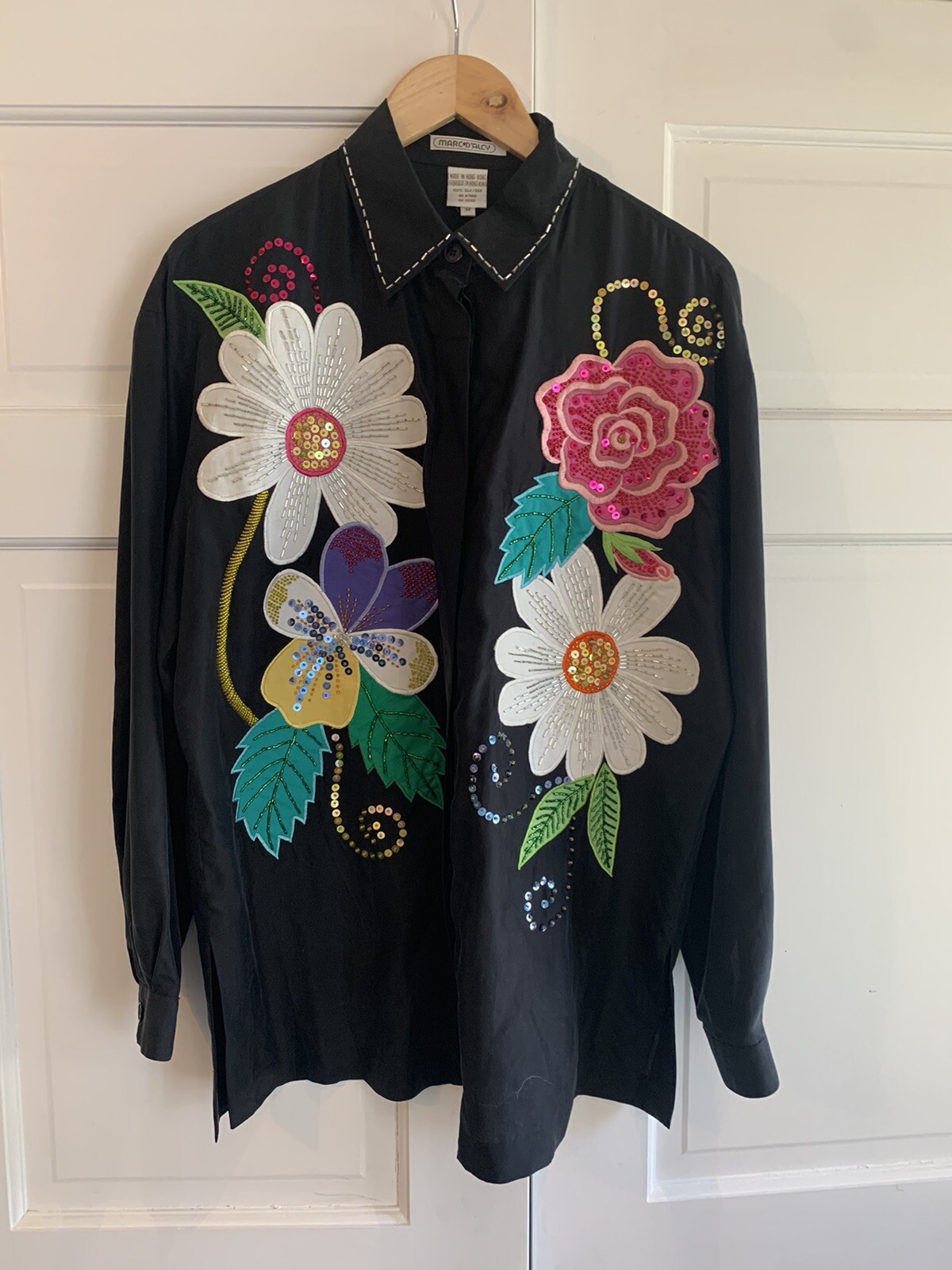 80’s Vintage Marc D’Alcy Hong Kong Floral Silk Sequin Blouse Top Women’s M L