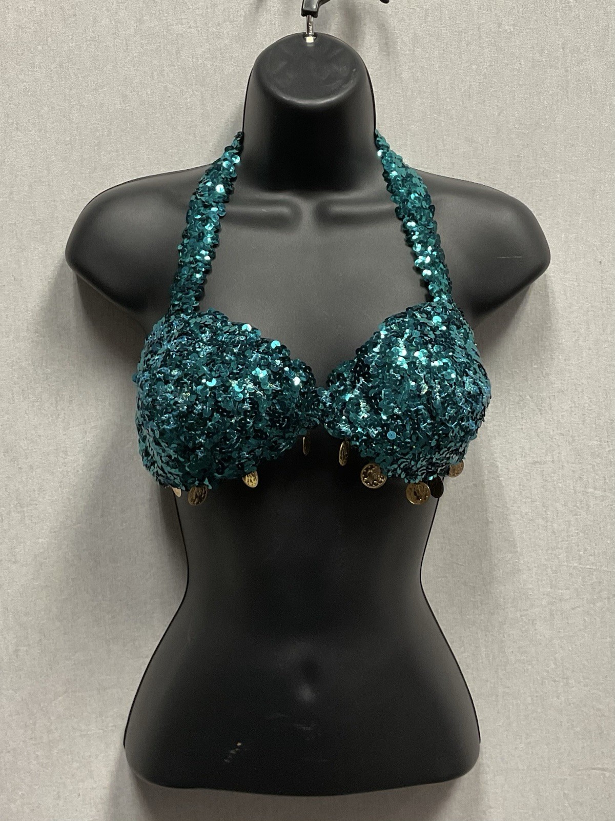 Blue Sequin Belly Dance Bra Top with Coins Medium (B-cups)