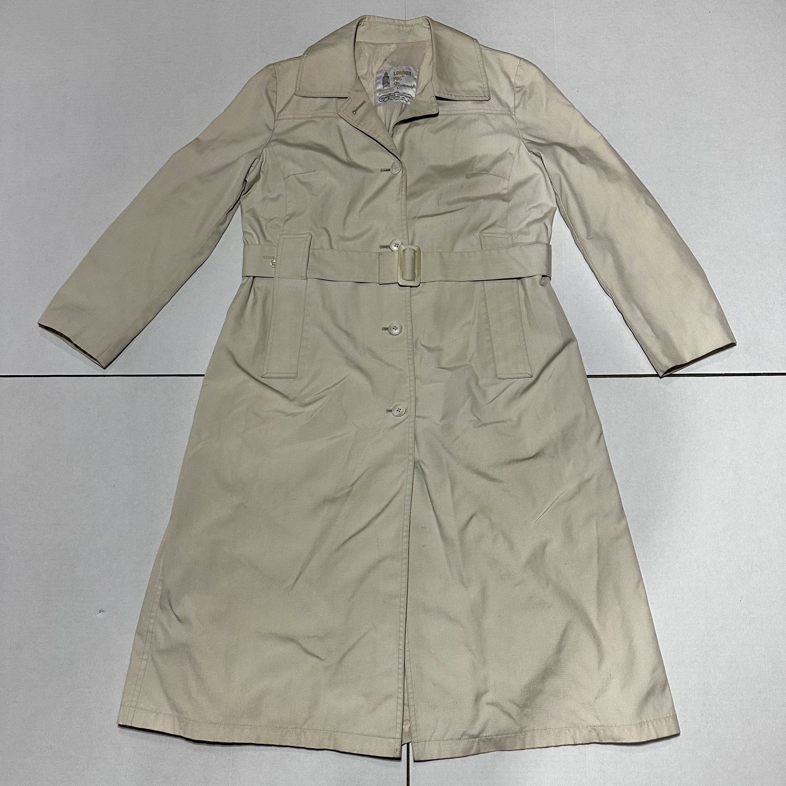 London Fog Maincoats VTG Women’s Long Beige Rain Trench Coat w/Belt Size 12 Reg