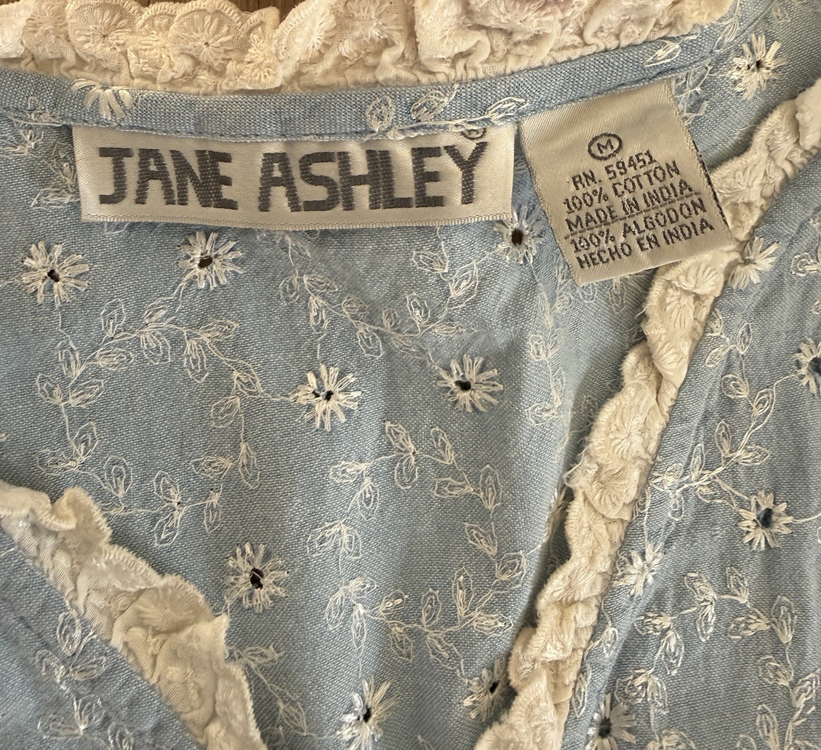 Vintage Jane Ashley Blue Floral Eyelet Cotton Button Front Dress M