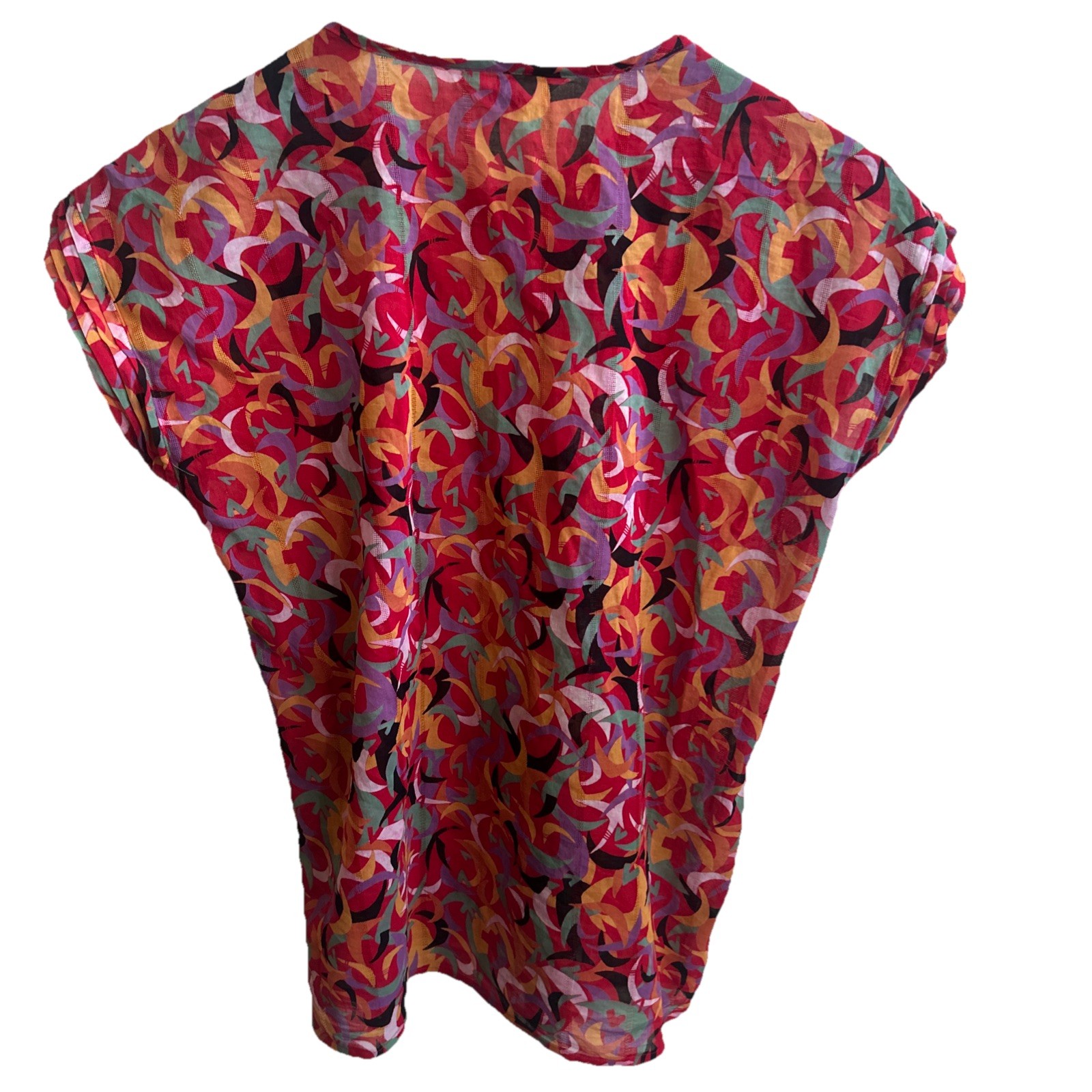 Vintage 70s Franck Olivier Silk Blouse – France Red/Multicolor Geometric 38 Bust