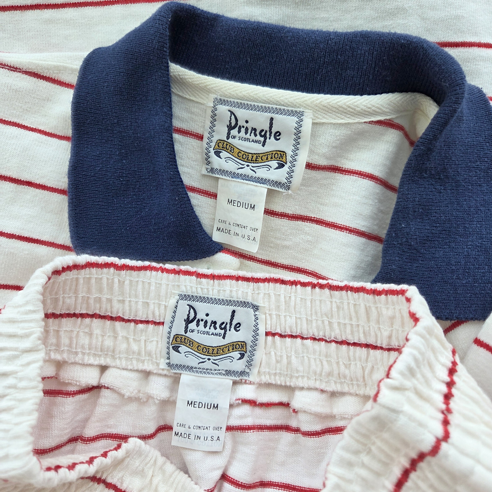 Vtg Pringle Of Scotland SET S M Top Skirt Heavy Cotton White Red Stripe Crest