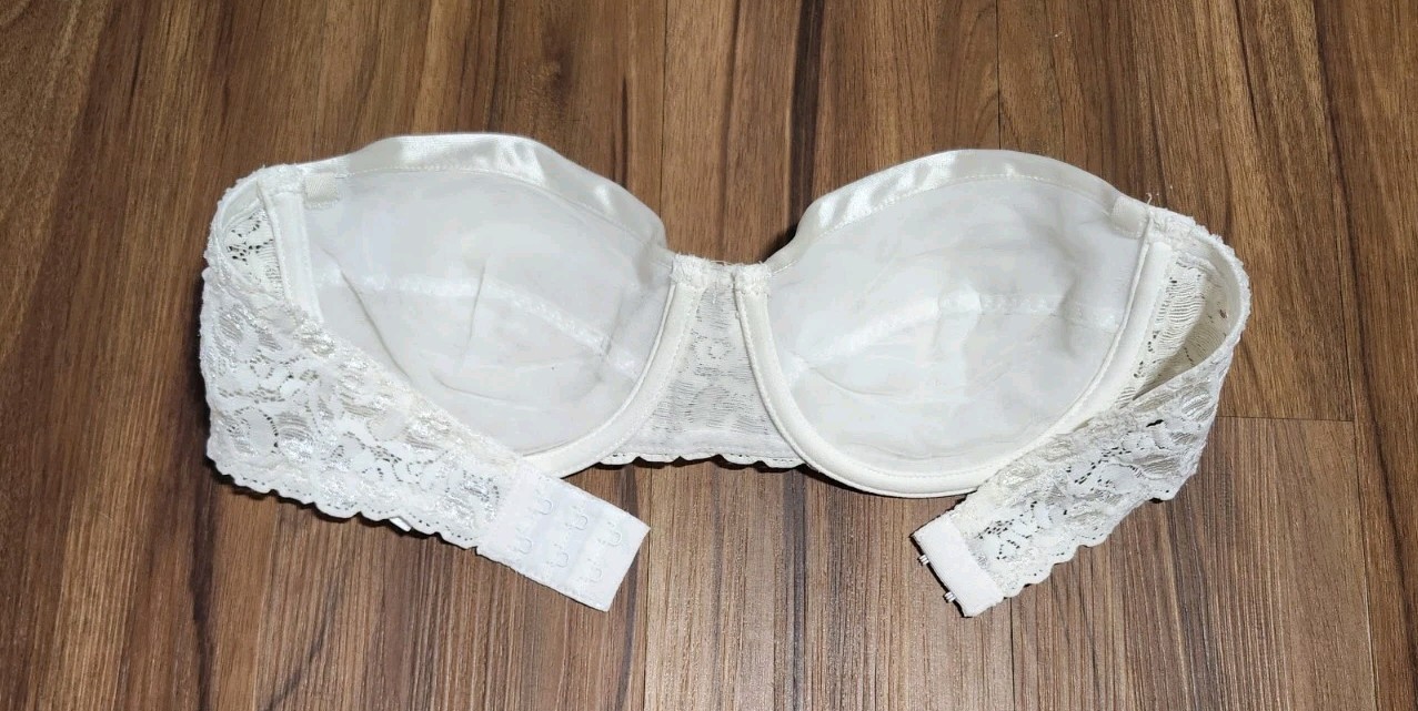 VTG Maidenform 34C Satin & Lace RENDEZVOUS Strapless Underwire Bra #8355 White